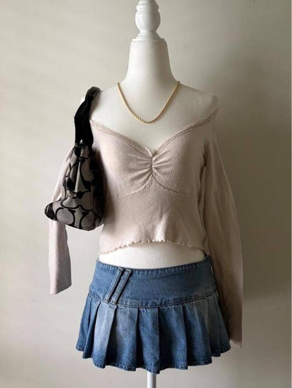 Y2K LA Hearts Off Shoulder Lace Trim Ruched Fairycore Long Sleeve